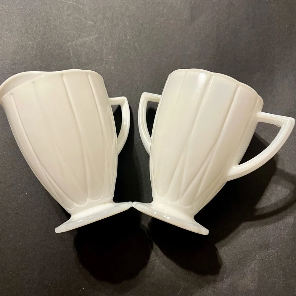 Hazel Atlas Depression Milk Glass Newport Hairpin Pattern Creamer & Sugar 1940’s
